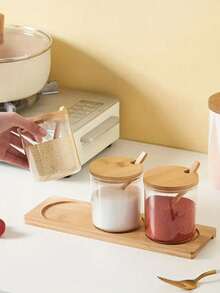 3pcs Moisture-Proof Plastic Seasoning Jars With Lids And Tray, Rust-Proof Kitchen Containers - Wood Color - View 4