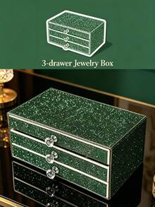 1 pieza Caja de joyas con 3 cajones y strass, caja de almacenamiento de joyas multifuncional de gran capacidad, caja de almacenamiento lujosa y brillante, organizador de joyas, caja de joyas decorativa, joyas, regalo, distribución, caja, caja de almacenamiento de accesorios, regalo para mujeres, regalo para regreso a clases - Negro - Ver 15