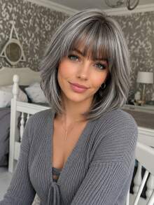 12 Inch Dark Grey Short Bob Synthetic Wig With Bangs, Elegant & Stylish, Heat Resistant Fiber, Easy To Wear For Women, Suitable For Daily Looks, Party, Halloween & Christmas - Grey - View 1