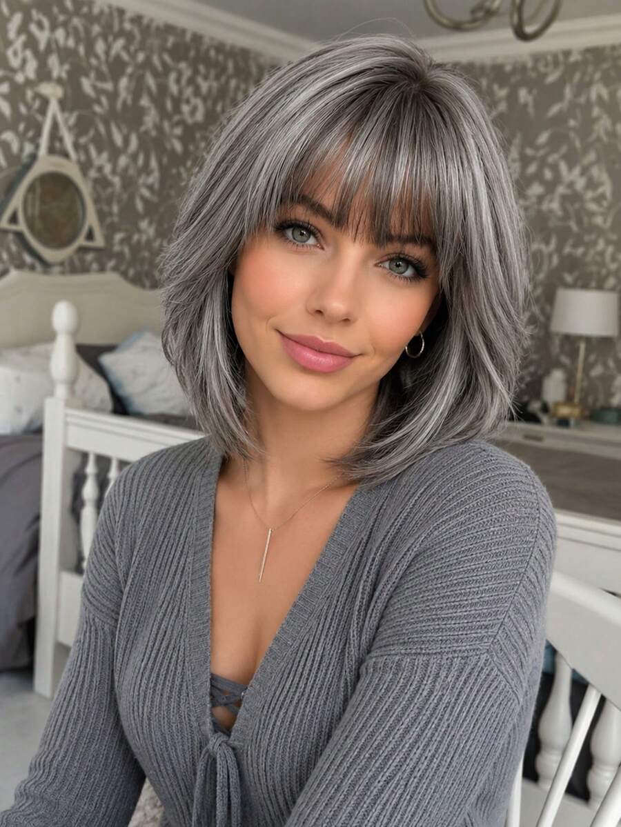 12 Inch Dark Grey Short Bob Synthetic Wig With Bangs, Elegant & Stylish, Heat Resistant Fiber, Easy To Wear For Women, Suitable For Daily Looks, Party, Halloween & Christmas - Grey - View 1