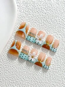 10Pcs Mint French Manicure Style Handmade Press On Nail,Polygel Nail Set,Polka Dots, Petals,Pink, Blue And White Nail Polish,Sweet Style,Includes Nail Tools,3 Sizes Available,Almond Nails , Duck Nails,Coffin Nails For Party, Dance, Daily Wear. - 彩色 - 查看 19