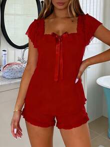 Square Neck Bow Ruffle 2 Piece Sleep Set For Women, Mesh Layer Trim Cami Top  Short, Coquette Soft Lightweight Loungewear Night Wear - Burgundy - View 2