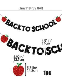 1pc Black Glitter Back To School Banner, Red Apple Letter Garland For First Day Of School Classroom Decoration, Welcome Back School Party Photo Booth Backdrop - Black - View 2