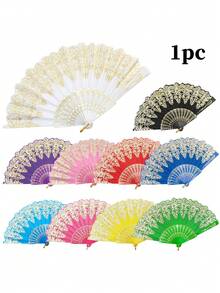 1pc Women's Lace Hand Fan, Silver Floral Hand Fan, Foldable Vintage Decorative Fan, Bridal Photo Prop, Wedding Favor, Suitable For Wedding, Dance, Theme Party, Festival, 16.5 Inches When Unfolded - Multicolor - View 5