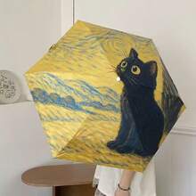 1pc Oil Painting Cat Pattern Mini Pocket Umbrella, Sun Protection And Rainproof Function, Convenient Storage, Suitable For Outdoor Use - Van Gogh Capsule Cat - View 3