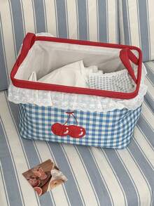 Blue And White Plaid Cherry Embroidered Storage Basket With Lace Trim, Handheld Laundry And Miscellaneous Organizer Bin - Multicolor - View 4