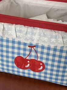 1pc Blue Plaid Cherry Storage Basket With Lace Trim Embroidery, Handheld Large Capacity Multi-Functional Clothes & Sundries Organizer Basket, All Season - Multicolor - View 10