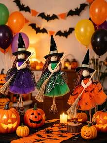 Halloween Witch Pendant Ornament, Soft Fabric Witch Doll With Pointed Hat And Broom, Halloween Party Supplies, Home Decor, Tree Hanging Decoration, Spooky Halloween Decoration - A - View 3