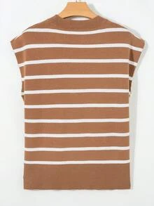 CILKOO Atasan Rajut Lengan Pendek Leher Bulat dengan Belahan Samping Bergaris untuk Wanita, Musim Gugur dan Musim Panas - Coffee Brown - View 5