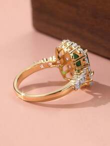 1pc Gold Emerald Gemstone Ring, Rectangular Cut Zirconia Main Stone With Full Diamond Pave Setting, Women's Elegant Statement Jewelry - Gold - View 5
