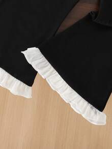 2pcs/Set Girls Summer Back To School Outfit, 4-7 Years Old, Apricot Fashionable Cute Chiffon 3D Floral Short Doll-Style Camisole Top With Elastic Waist, Black Flared Long Pants With Ruffle Hem, Comfortable Soft Casual Commute, Suitable For Spring/Summer Outings, Can Be Given As A Gift - Black - View 7