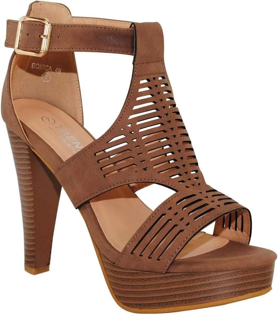 Western Bootie Stacked Heel Open Toe Cutout Shoes - Brown Nb - View 1