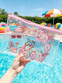 Bolsa de maquillaje con estampado "Protección Solar" de PVC, bolsa organizadora de viaje de PVC con cremallera - Bolsa de tocador de maquillaje ligera y resistente a la decoloración, compatible con TSA y portátil, fácil de limpiar; adecuada como regalo para maestros o amigos, también una bolsa de tocador esencial para viajes escolares y vacaciones, con función impermeable. - Multicolor - Ver 1