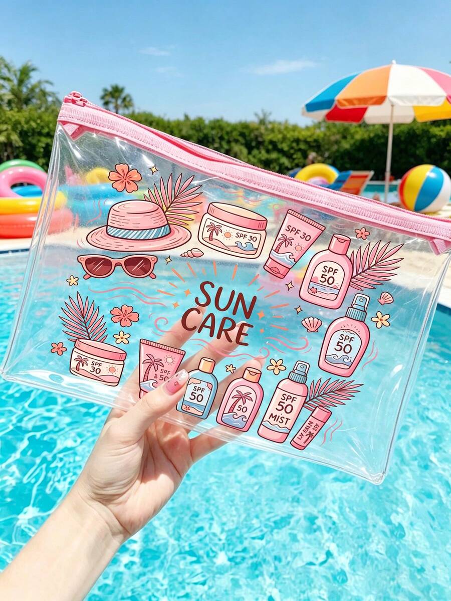 Bolsa de maquillaje con estampado "Protección Solar" de PVC, bolsa organizadora de viaje de PVC con cremallera - Bolsa de tocador de maquillaje ligera y resistente a la decoloración, compatible con TSA y portátil, fácil de limpiar; adecuada como regalo para maestros o amigos, también una bolsa de tocador esencial para viajes escolares y vacaciones, con función impermeable. - Multicolor - Ver 1