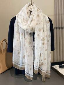 1pc Women's Simple Elegant Camellia Pattern Printed Chiffon Scarf, Suitable For Outdoor Activities, Casual Entertainment, Outerwear Sun Protection And Decorative Soft Gauze Shawl, Ideal Choice For Your Styling - Beige - View 5