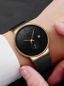 LIGE Simple Casual Men's Watch With Stainless Steel Mesh Strap Casual Fashion Men's Business Watch Waterproof Calendar Watch - Black - View 3