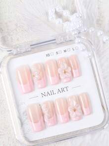 10pcs Glossy Medium Square Press-On Nails, Nude Pink Dual-Tone French Acrylic Nails With 3D Transparent White Flowers And Gold Bead Decor, Sweet And Elegant, Makes Hands Look Slender, Reusable, Suitable For Daily Wear And Dates, Girls Gift, Hot-Selling 3D Floral Pink French Nail Stickers Handmade Press On Nails - Baby Pink - View 5