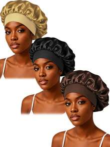 CONFLASS 3pcs Satin Wide Brim Sleep Cap/Hair Cover For Women, Assorted Colors, Suitable For Daily Use,Beach,Travel - Multicolor - View 19
