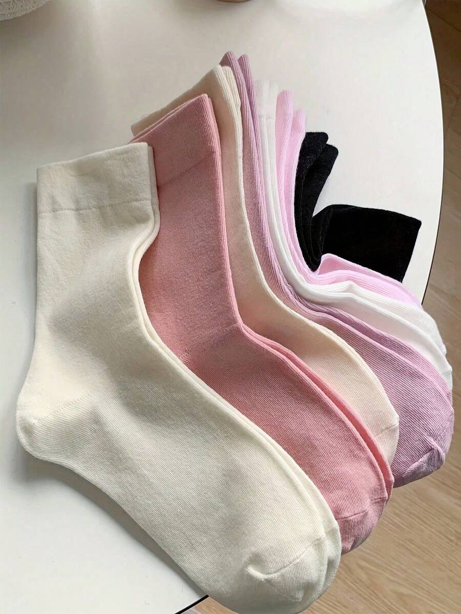 4 Pairs Solid Color Mid-Calf Socks, Preppy Casual Soft Comfortable Women's Mid-Calf Socks, Suitable For Daily Wear, Versatile And Practical (1/2/4 Pairs) - Multicolor - View 1