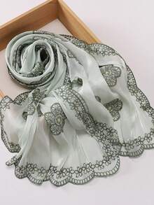 Spring/Summer Elegant Exquisite Wavy Petal Embroidered Edge 3D Floral Embroidery Modest Solid Color Embroidered Lace Organza Sequin Embroidery Headscarf Flower Hijab Shawl For Abaya - Multicolor - View 1