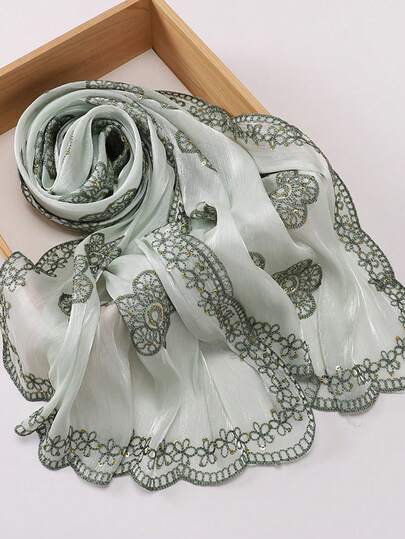 Spring/Summer Elegant Exquisite Wavy Petal Embroidered Edge 3D Floral Embroidery Modest Hijabi Solid Color Embroidered Lace Organza Sequin Embroidery Muslim Headscarf Flower Hijab Shawl For Abaya