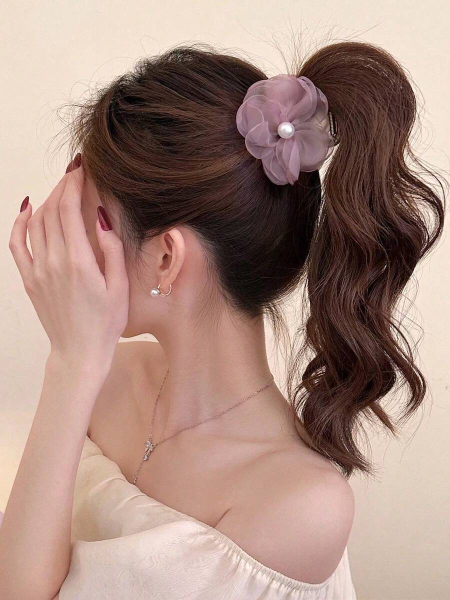 1件女款甜美優雅網紗花朵髮夾,適合日常配戴與度假,夏季髮飾度假髮夾 - 粉色 - 查看 1