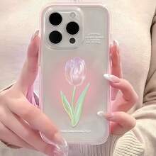 1個粉色邊框透明極簡鏡頭保護防摔防撞3D漸層粉色鬱金香圖案手機殼 個性化適用於 16 Pro Max 17/16/15/14 Plus/13/12/11 Air及系列 - 彩色 - 查看 3