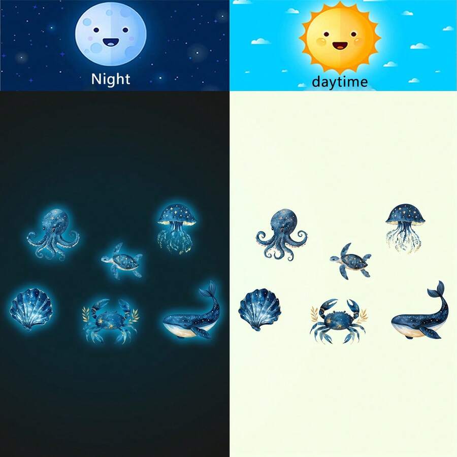 1片可愛海洋動物牆貼，螢光水下生物元素可移除牆面裝飾，適合兒童房 - 多色 - 查看 1