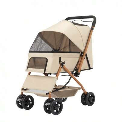 One-Click Folding Pet Travel Stroller, 4 Wheels Lightweight Dog Cat Trolley With Breathable Mesh And Storage Basket For Outdoor Walking