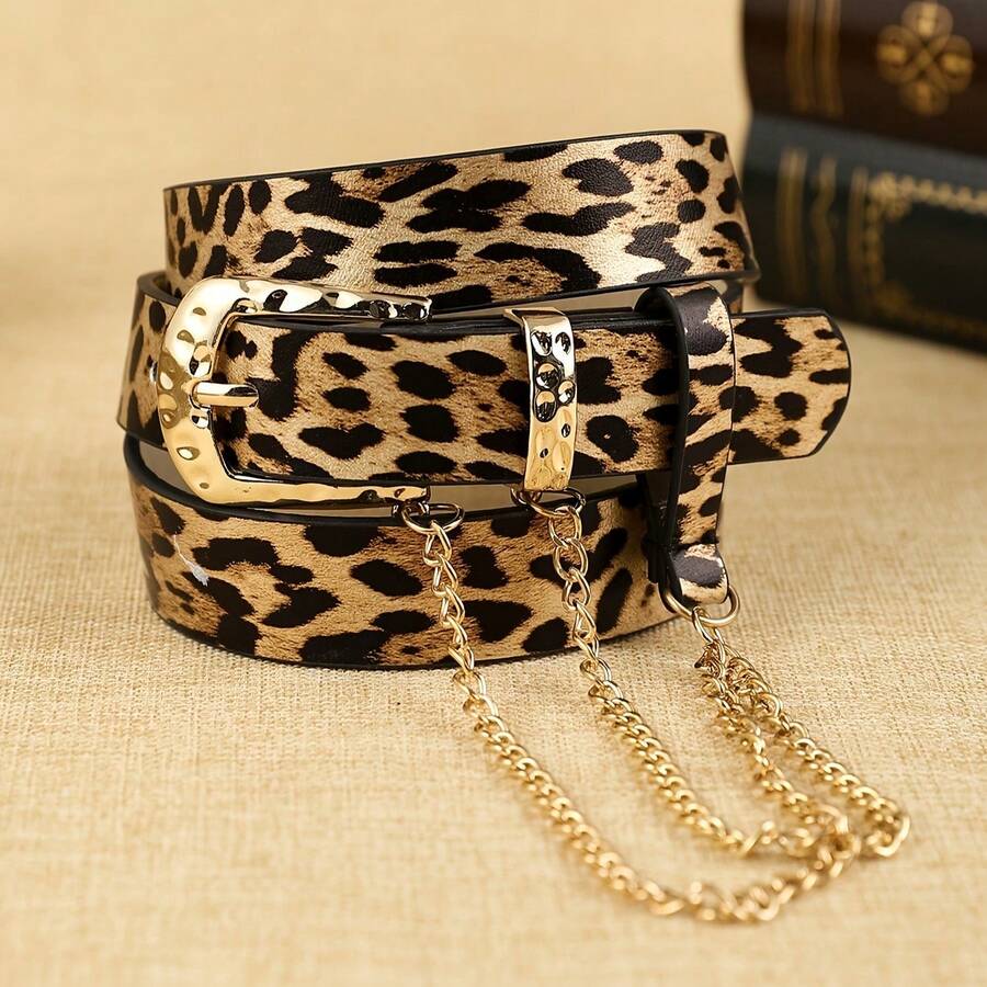 APLCSEY Cinturón de cadena de mujer con estampado de leopardo de PU, de moda, esencial para fiestas y citas, adecuado para uso diario. - estampado de leopardo - Ver 1