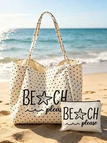White Polka Dot Beach Tote Bag With "Beach Please" Lettering, Large Canvas Shoulder Bag, Beach Bag, Shopping Bag, Suitable For Shopping And Travel, Foldable Canvas Shoulder Tote Bag, Commuter Bag, Tablet Bag, Storage Bag, Summer Essential Travel Bag, Ideal For Beach Trips, Pool Days, Shopping And Daily Use, Perfect For Women, Travelers And Beach Lovers, Great For Spring Break, Easter, Mother's Day, Vacation And Gifts - Multicolor - View 2