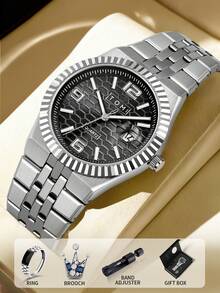 TOMI Men's Quartz Watch Gift Set With Honeycomb Textured Alloy Dial, Star & Moon Brooch And Ring, Luxury Wristwatch For Daily Wear And Holiday Gifting - one-size - View 2