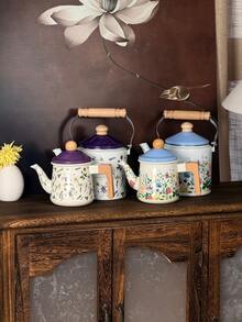 Vintage European Style + Architectural Painting Pattern/Bicolor Blue Lid + Cylindrical Body Shape + Wooden Heat-Resistant Handle + Even Heat Conduction/Large Capacity Water Storage + Retro Architectural Style Kettle + Suitable For Family Gatherings & Festivals, Afternoon Tea Preparation, Daily Kitchen Cooking - View 5