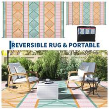 Soonbuy Reversible Plastic Straw Outdoor Rug Waterproof Foldable Washable Leaves Geometry Woven Area Rug For Patio RV Camping Beach Backyard - Orange/Green/Pink/White- 8*10ft - View 3