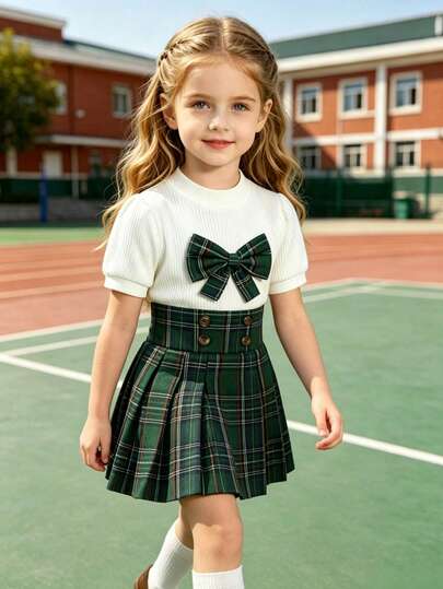 2pcs/Set Young Girl Elegant Fashion Sweet Style Knitted Ribbed Butterfly Decor Top Paired With Plaid Skirt Outfit, Summer