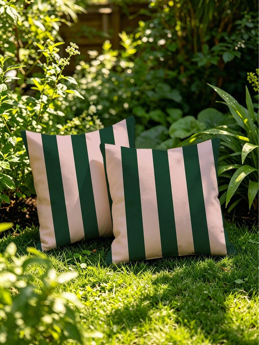 2pcs Pink Green Striped Throw Pillow Set, Super Soft Cushion, Patio Terrace Sofa Decorative Pillow (Pillow Insert Not Included) - Multicolor - View 1