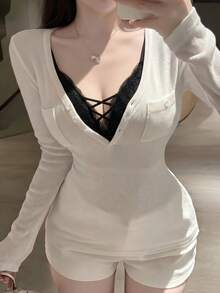 2026 女款蕾絲拼接細肩帶上衣，新款極簡可愛性感蕾絲胸墊背心，夜店風休閒夏季黑色 - 黑色 - 查看 3