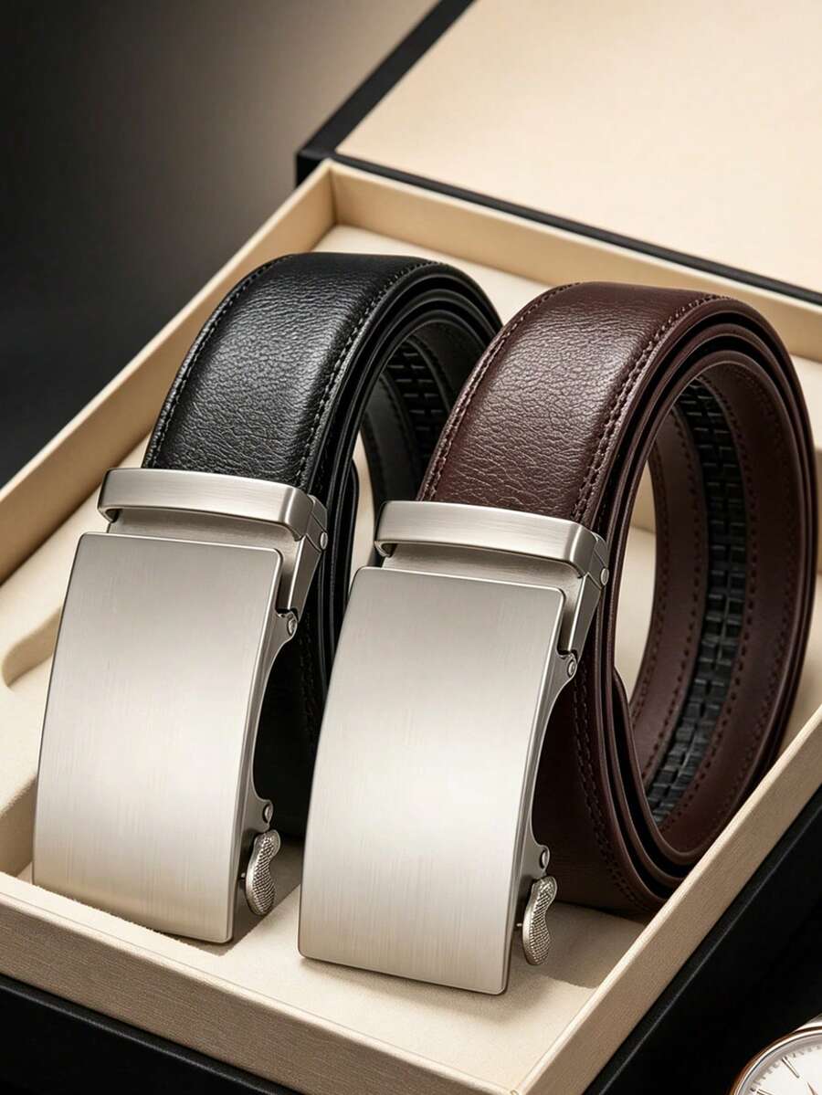 High Quality Genuine Leather Casual Belt Men, Adjustable Automatic Buckle Belts, Black/Brown Cuttable Ratchet Belt For Men - Multicolor - View 1