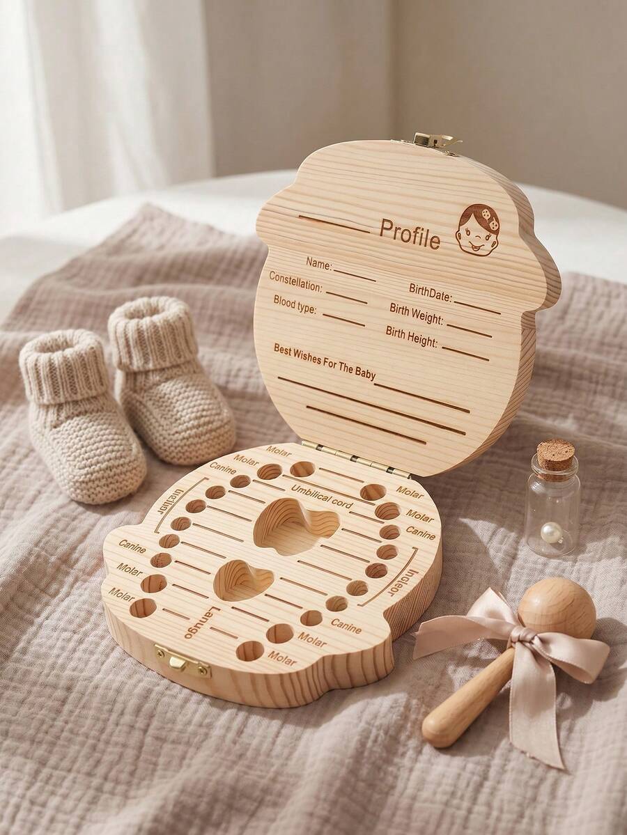 1pc Wooden Tooth Keepsake Box, Natural Wood Tooth Storage Organizer, Decorative Engraved Memory Box For Collecting Teeth, Cute Carved Design, Ideal Keepsake Gift For Growth Milestones, Rustic Wood Craft Storage, Desktop Display Case, Compact, Small - Multicolor - View 1