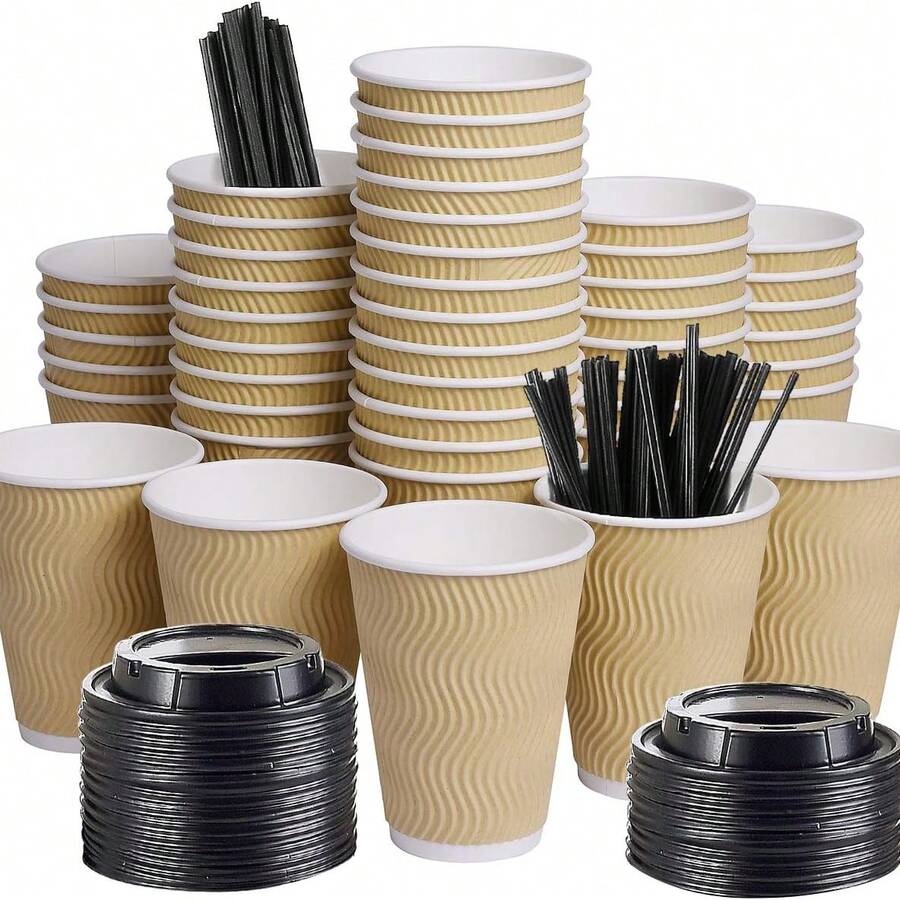 10pcs Paper Coffee Cups With Lids, Ripple Wall Insulated Takeout Cups For Hot And Cold Drinks, Suitable For Home, Office, Cafe, Party, Takeout - Multicolor - View 1