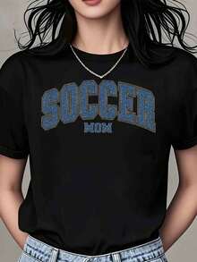 T-shirt vintage da donna, con stampa "Women's Footballer" e testo, casual, sportiva, ideale per l'estate, adatta per il tempo libero e le attività fisiche, top estivi. - nero - Visualizzare 1