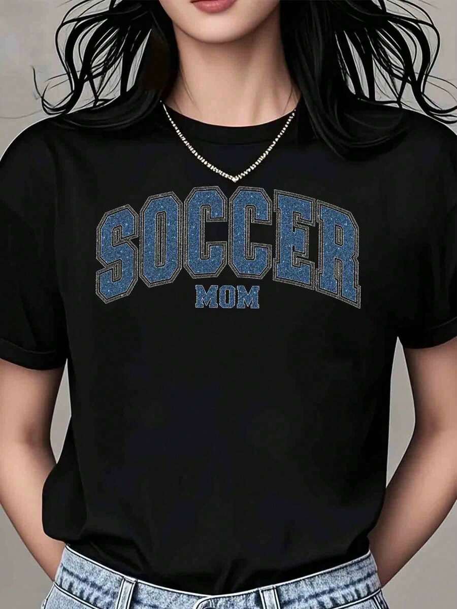 T-shirt vintage da donna, con stampa "Women's Footballer" e testo, casual, sportiva, ideale per l'estate, adatta per il tempo libero e le attività fisiche, top estivi. - nero - Visualizzare 1