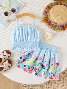 2pcs/Set Young Girl Summer Outfit, 4-7 Years Old, Blue & White Striped Fashion Street Style Heart Ruched Camisole Top & Floral Print Elastic Waist Skirt, Soft Casual Cute Commuting Suitable For Spring/Summer, Gift - Blue - View 5