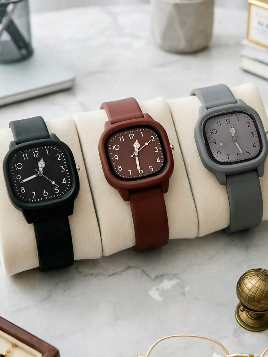 1 Set/1pc Women's Three-Color Square Dial Silicone Quartz Watch Set - Versatile Casual Accessory & Birthday Gift - Multicolor - View 1