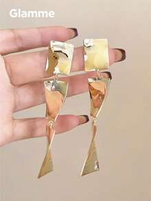 1 par de pendientes largos de barra geométrica metálica brillante, pendientes elegantes de moda casual exagerada y versátil para fiesta de graduación, vacaciones y fotos - Dorado - Ver 4