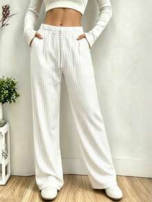 Women's Spring Summer Autumn Striped Long Pants With Side Pockets And Drawstring, Beach Pants, Pajama Pants, Sweatpants, Casual Wear, Vacation Home Wear - White - View 1