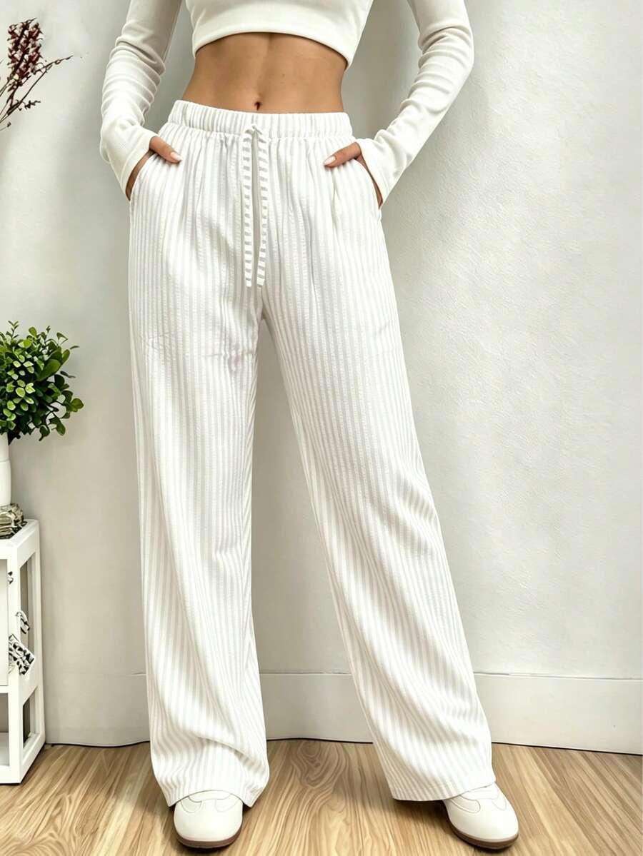 Women's Spring Summer Autumn Striped Long Pants With Side Pockets And Drawstring, Beach Pants, Pajama Pants, Sweatpants, Casual Wear, Vacation Home Wear - White - View 1