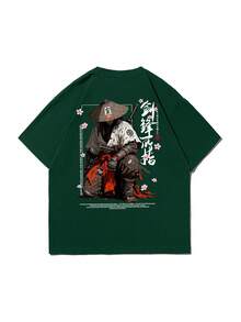 男士時尚日系熱血賽博插畫印花黑色圓領短袖T恤 - 墨綠色 - 查看 5