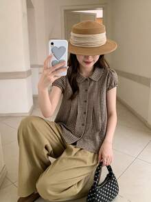 少女風深紅色格紋彼得潘領襯衫女式夏季上衣 - 卡其色 - 查看 3