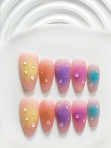 10Pcs Casual Style Handmade Press On Nail,Polygel Nail Set,Matte Finish,Yellow,Orange,Pink,Purple And Blue Nail Polish,Energetic Style,Includes Nail Tools,3 Sizes Available,Square,Short Square,Almond,Nails For Party,Dance,Daily Wear. - 彩色 - 查看 3